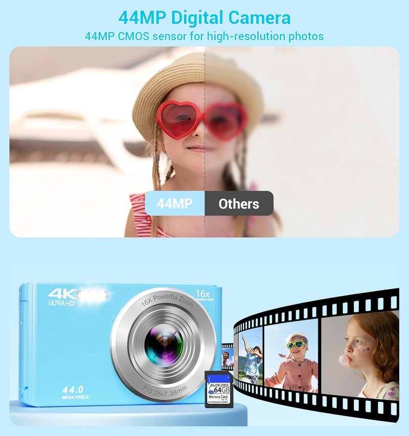 ceye Digital Camera, FHD 4K Compact Cameras with 64GB SD Card 2 Batteries, Portable Travel Digital Camera with 16X Autofocus Digital Zoom Small Camera for Teens Kids Boys Girls - Image 3